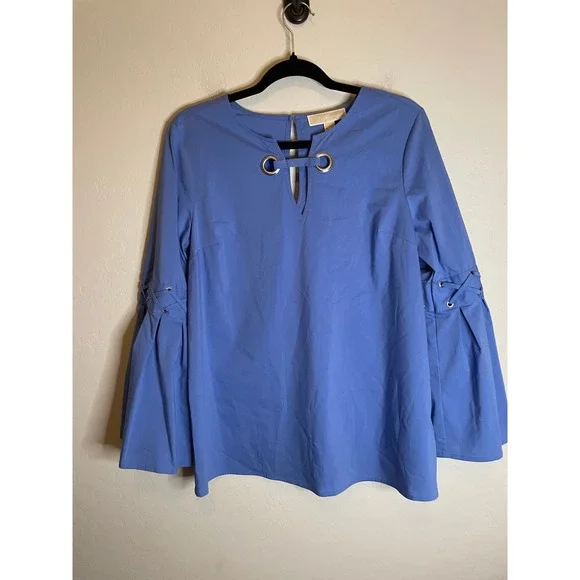NEW Michael Michael Kors Oxford Blue Bell Sleeve Long Sleeve Blouse Size Medium - Picture 1 of 6